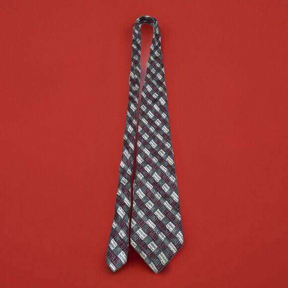 ESSENTIA NECK TIE 100% SILK VTG MADE IN ITALY Beige Gray Burgundy 61” X 3.37” - Picture 2 of 9